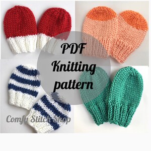 May include: A collage of knitted baby hats in red, orange, blue and green. The hats are in pairs, with white, blue, and orange accents. The text "PDF Knitting pattern" is in the center, with "Comfy Stitch Shop" at the bottom.