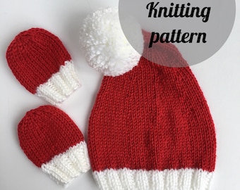 May include: A red and white knitted hat with a white pom-pom and two matching mittens. The hat and mittens have a white brim. The image includes the text "PDF Knitting pattern".