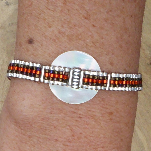 Bracelet perles rocaille tissées orange bronze et argent,bracelet esprit amérindien fermoir coulissant