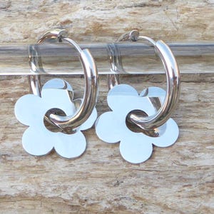 mini creoles stainless steel flower hoop earrings, silver flower hoop earrings in 316L stainless steel