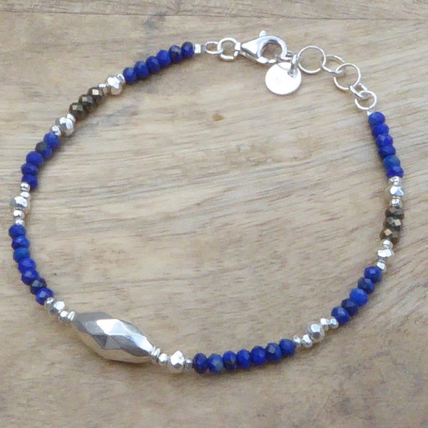 Bracelet argent Sterling 925 et lapis-lazuli - fin bracelet argent sterling et pierre brute bleue