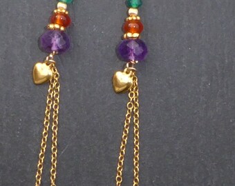 Amethyst, red and green agate stone earrings in 14 carat gold filled, semi-precious stone earrings in gold filled