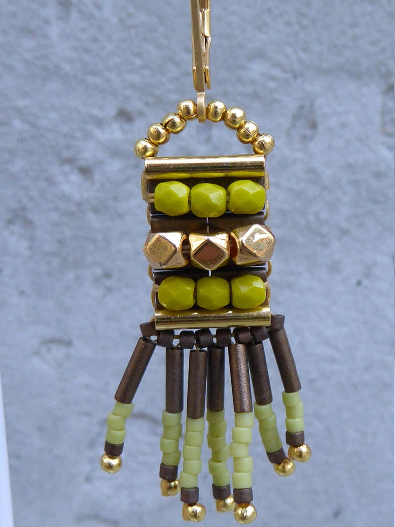 original brown green boho earrings Ethnic green rock beads earrings