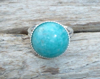 Bague turquoise du Pérou et argent 925,bague solitaire turquoise véritable, pierre ronde argent massif taille ajustable