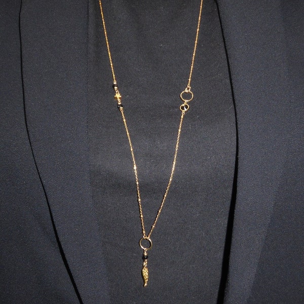 Sautoir gold filled 14 carats et pendentif aile - fin long collier plaqué or et spinelle, sautoir chaîne et pendentif