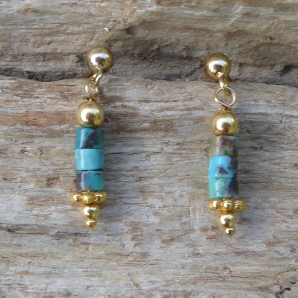 Boucles d’oreilles turquoises et or gold filled 14 carats,boucles d’oreilles turquoises véritables et dorées