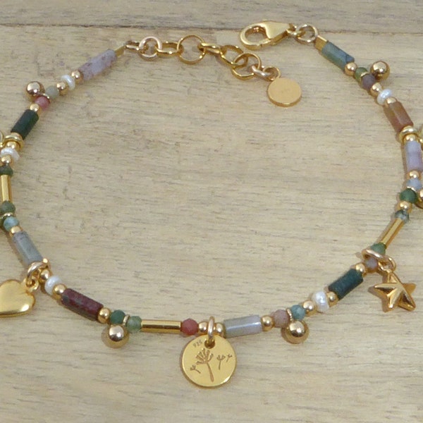 Bracelet agates indiennes, perles de culture de rivière et vermeil, bracelet en pierre multicolore et plaqué or