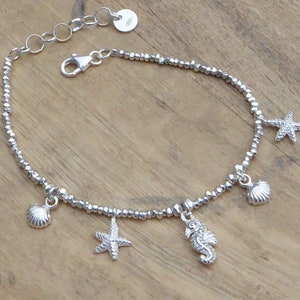 Karen Hill Tribe Sterling Silver Shell Charm Bracelet - Thin Small Silver Bead Bracelet