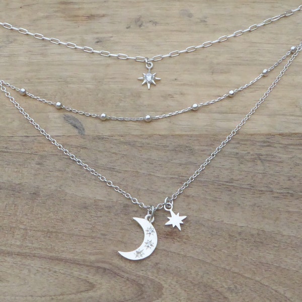 Collier multirang argent 925 pendentif lune étoiles et zircons ,collier fines chaînes et pendentifs strass