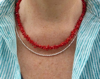 Red coral and 925 silver necklace, natural coral stick and 925 silver necklace.