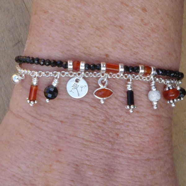 Bracelet pampilles argent 925, cornaline, agates et onyx, fin bracelet argent sterling petites breloques rouge orange er noir