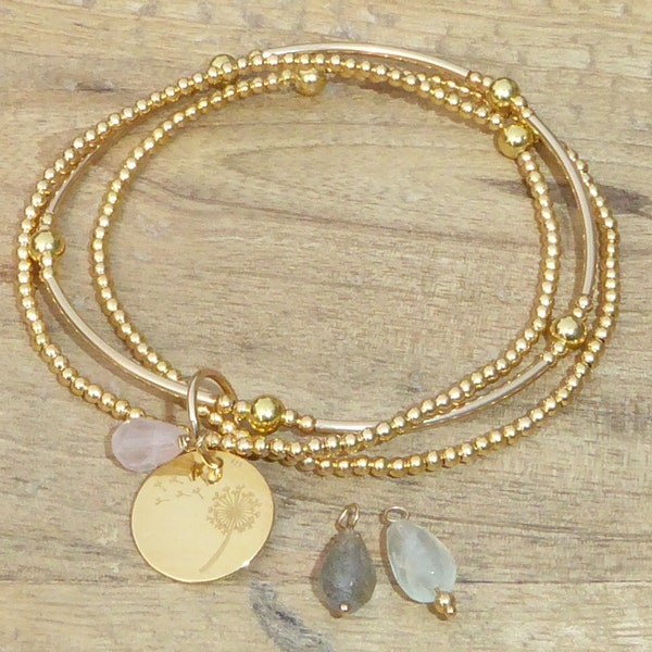 Lot de 3 bracelets gold filled 14 carats - ensemble de bracelets élastiques plaqué or charm et pierre au choix