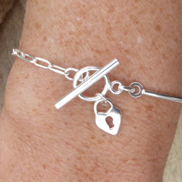 Bracelet argent Sterling 925 chaîne et cadenas - bracelet demi-jonc argent sterling breloques coeur