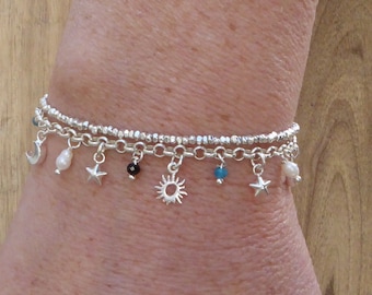 925 silver charm bracelet, sterling silver tassel bracelet with stars, sun and stones