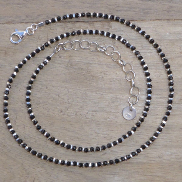 Collier spinelle et argent 925 et 970/1000, fin ras de cou pierre noire et argent sterling