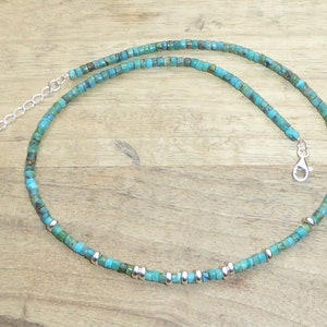 Heishi turquoise and silver 925 necklace, turquoise and sterling silver choker, turquoise heishi stone necklace