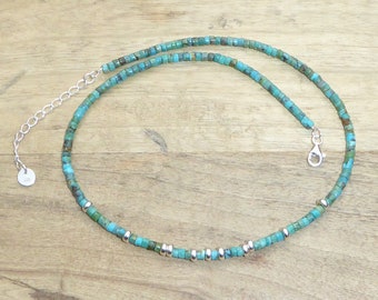 Collier heishi turquoises et argent 925, ras de cou turquoise et argent sterling,collier pierres heishi turquoises