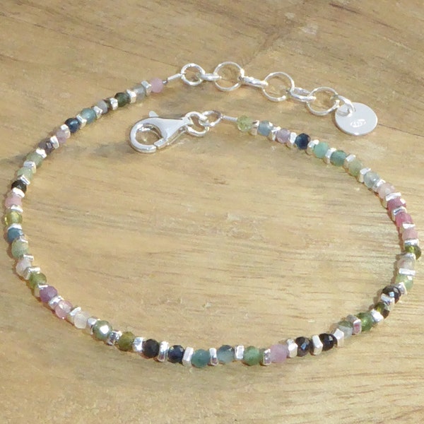 Bracelet tourmaline et argent 925 et 970 - fin bracelet pierres multicolores et argent sterling