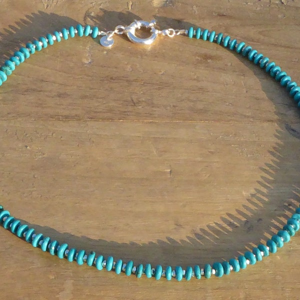 Turquoise necklace, 925 silver and 970/1000 silver Karen Hill Tribe, round stone choker in turquoise and sterling silver