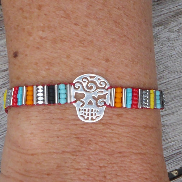 Bracelet mexicain multicolore perles rocaille at argent 925,bracelet perles tissées coloré at argent,bracelet tête de mort perles Miyuki