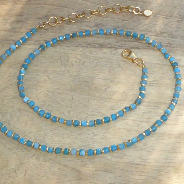 Necklace vermeil turquoise stones and pendant, thin neck double gold plated, apatite and amazonite