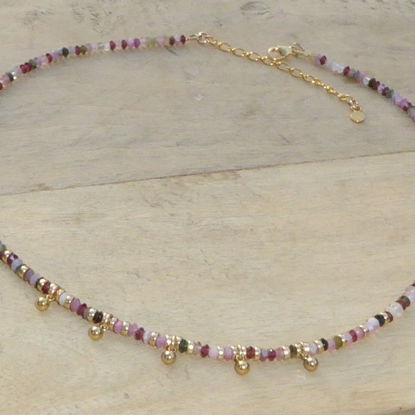 Collier tourmaline, grenat et gold filled 14 carats, fin ras de cou pierre rose et or