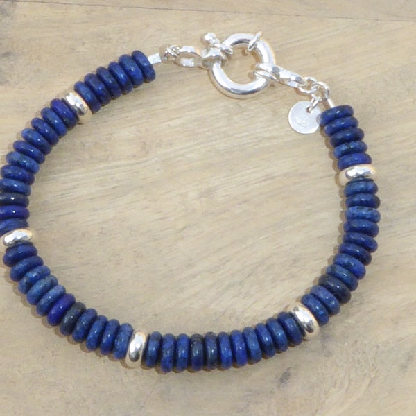Bracelet lapis-lazuli et argent Sterling 925 fermoir bouée - Bracelet perles rondelles pierre et argent minimaliste