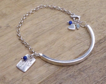 925 Sterling silver tree of life bracelet - sterling silver half bangle bracelet with lapis lazuli stone charms