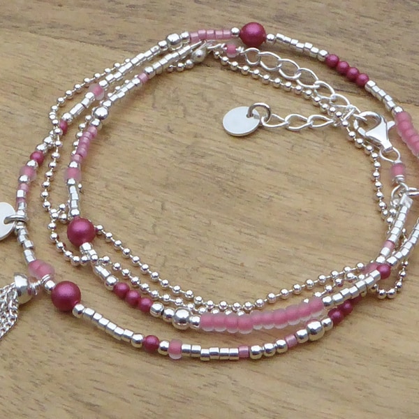 Pulsera multivuelta de plata 925 y perlas rosa frambuesa - pulsera multivuelta rosa y plata de ley