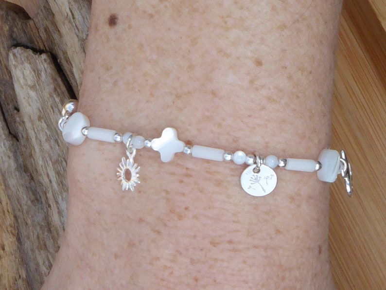 925 silver bracelet and charms, white stones, 925 silver bracelet with mother-of-pearl pendants and white sea bamboo image 3