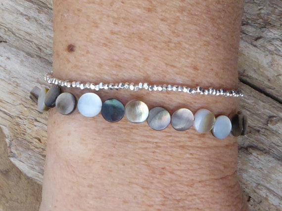 Bracelet nacre et argent 925 ,bracelet nacre grise et fermoir bouée