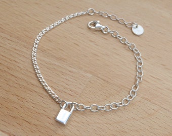 Bracelet cadenas en argent 925 - fin bracelet chaînes et cadenas asymétrique