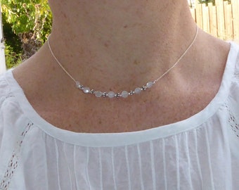 Necklace in 925 silver and moonstone, thin neck in solid silver and small white stones