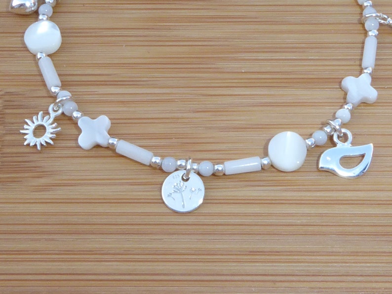 925 silver bracelet and charms, white stones, 925 silver bracelet with mother-of-pearl pendants and white sea bamboo image 2