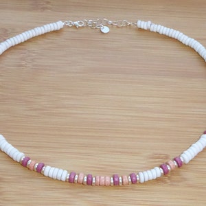 Collar de cerámica rosa y blanca y plata 925, perla heishi rosa y gargantilla de plata de primera ley