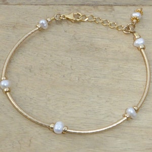 14K gold-filled bangle bracelet with freshwater cultured pearls, gold-plated rigid tube bracelet with freshwater pearls