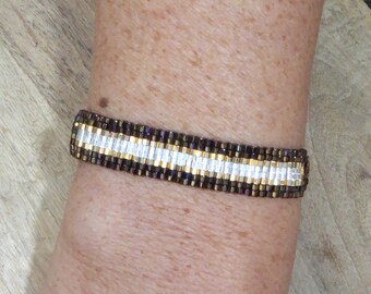 Armband van zaadkralen en 14 karaats goud gevuld - Miyuki geweven kralenarmband in zilver, goud en bruin