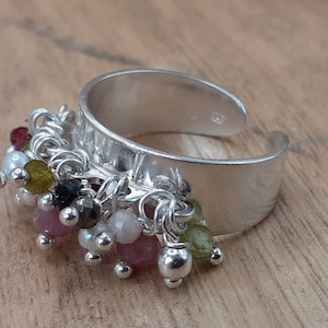 925 sterling silver ring with charm stones, solid silver band and tassels, wide open ring, adjustable size