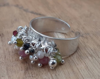 925 sterling silver ring with charm stones, solid silver band and tassels, wide open ring, adjustable size