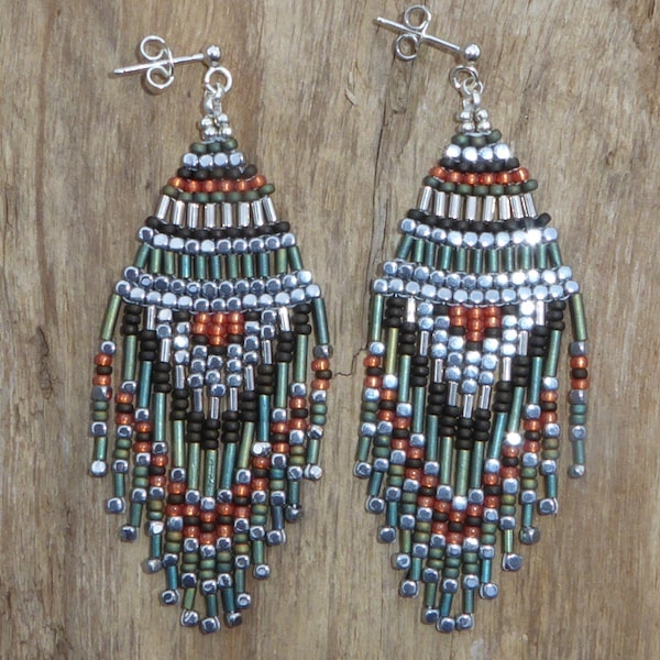Boucles d'oreilles Navajo perles tissées,boucles d'oreilles pendantes style amérindien rouges et vertes,ethnique bohème