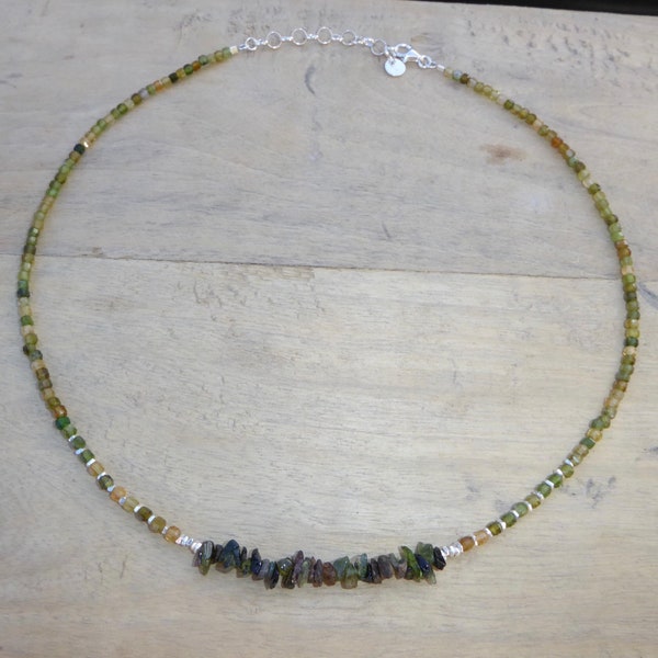 Collier tourmaline verte et argent 925 et 970/1000, fin ras de cou pierre véritable verte et argent sterling