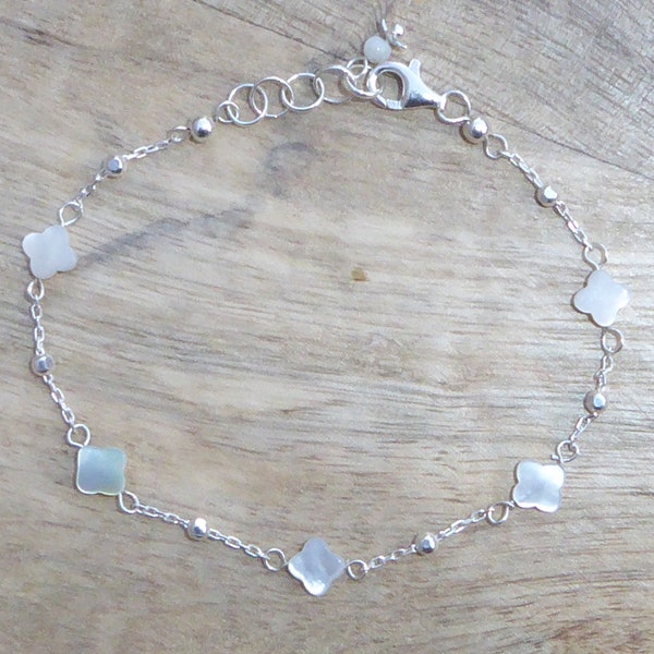 Bracelet argent Sterling 925 et nacre - fin bracelet chance argent sterling trèfles 4 feuilles