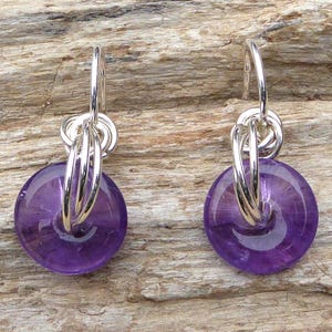 mini 925 silver and amethyst hoop earrings, small silver earrings and round amethyst stone