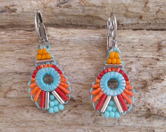 Ethnic orange and turquoise beaded earrings, ethnic turquoise and orange woven seed bead earrings