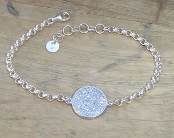 Bracelet argent 925 chaîne et zircons - bracelet chaîne et intercalaire rond avec strass