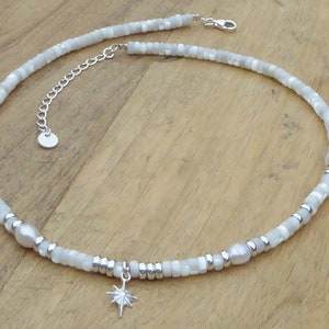 Heishi mother-of-pearl and 925 silver necklace, white mother-of-pearl choker, freshwater pearls and sterling silver