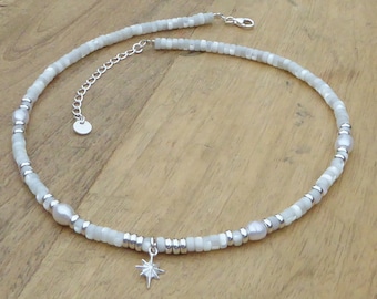 Heishi mother-of-pearl and 925 silver necklace, white mother-of-pearl choker, freshwater pearls and sterling silver