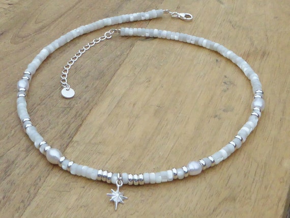 Heishi Mother-of-pearl and 925 Silver Necklace, White Mother-of-pearl  Choker, Freshwater Pearls and Sterling Silver - Etsy