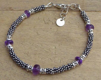 Pulsera de amatista y plata 925 - Pulsera de cuentas de amatista natural y plata de ley
