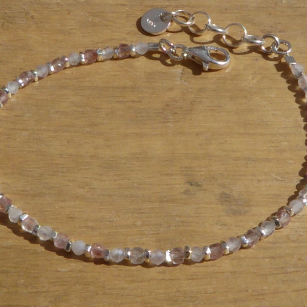 Bracelet quartz rose et argent 925 et 970 - fin bracelet rose argent sterling quartz rose et quartz fraise